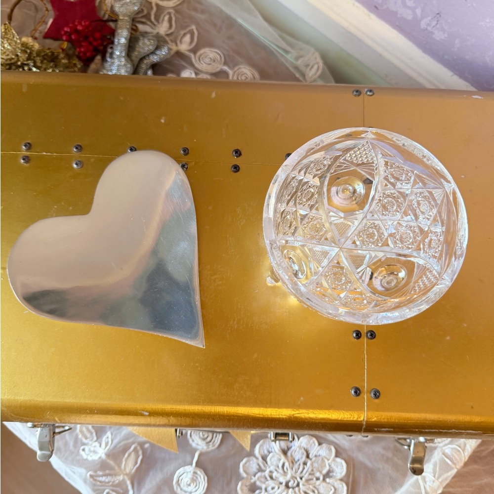 Cut Crystal Glass Bowl with Silver Heart Dish